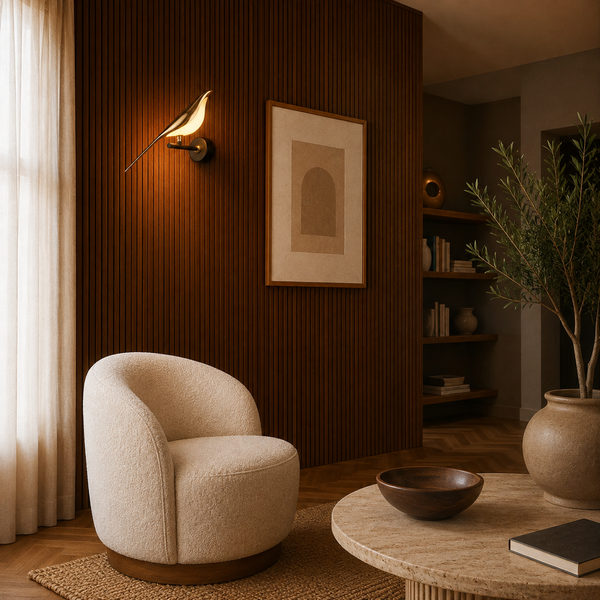 Sculptural designer wall light casting a warm glow in a modern living room