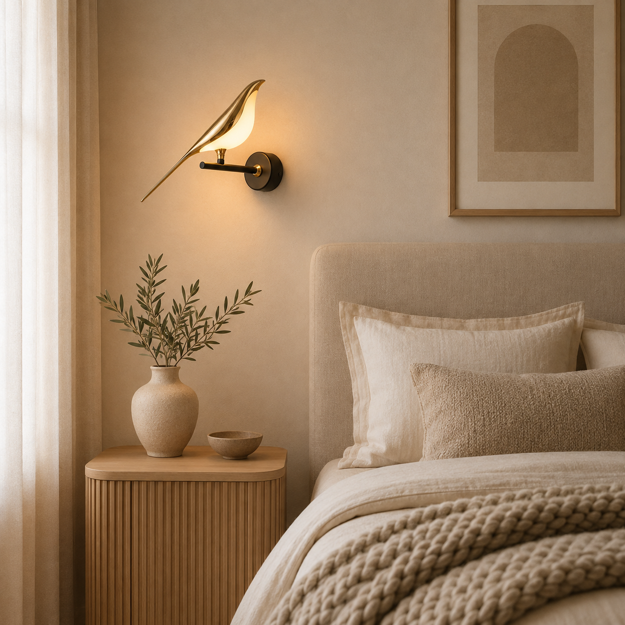 Close-up of the sculptural form of the Fugl designer wall light
