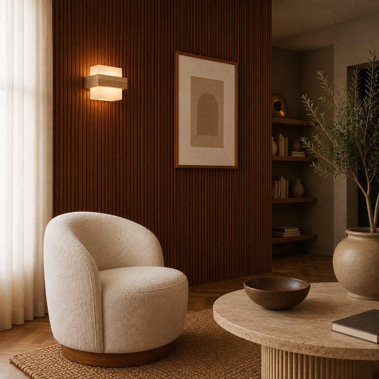 Close-up of the sculptural form of the Glim designer LED wall light