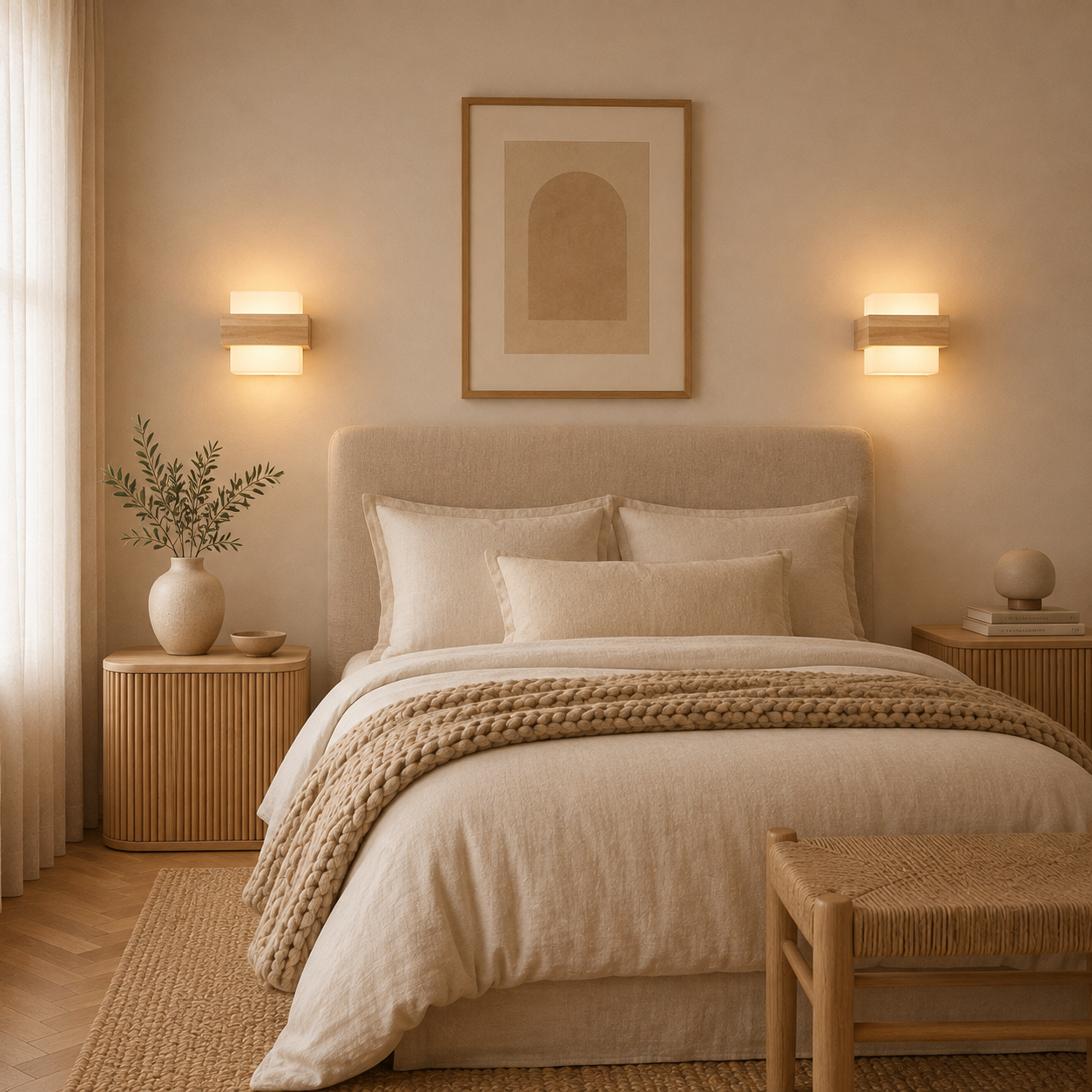 Designer LED wall light casting a warm glow in a modern living room