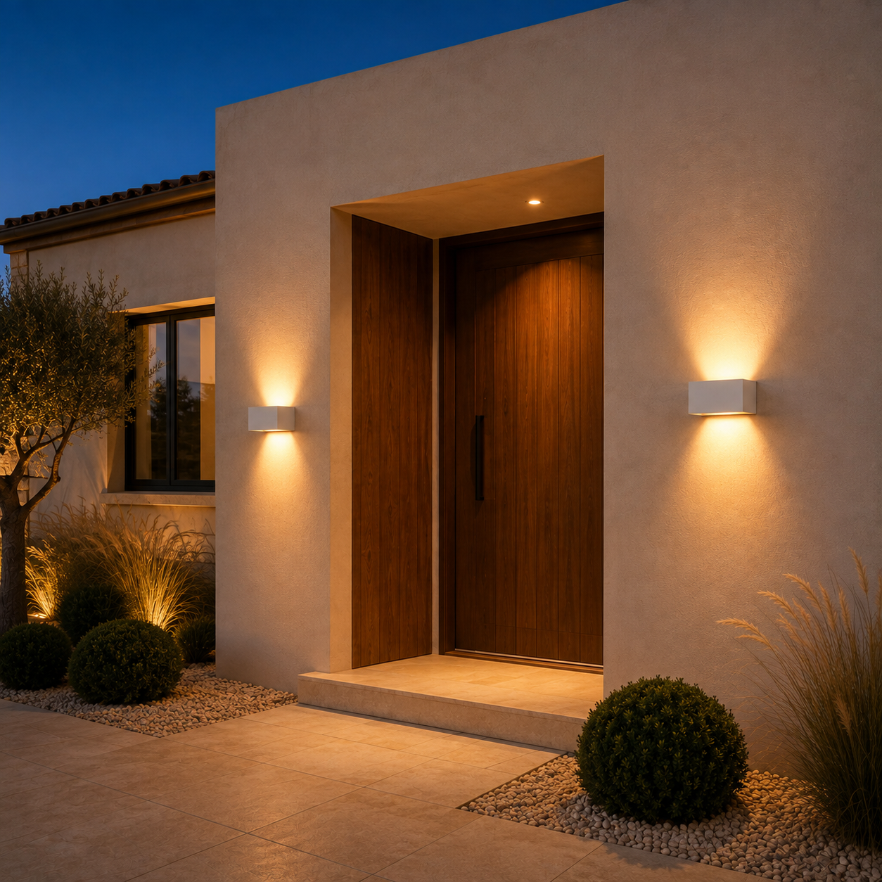 IP65 wall light casting a warm glow beside an outdoor door