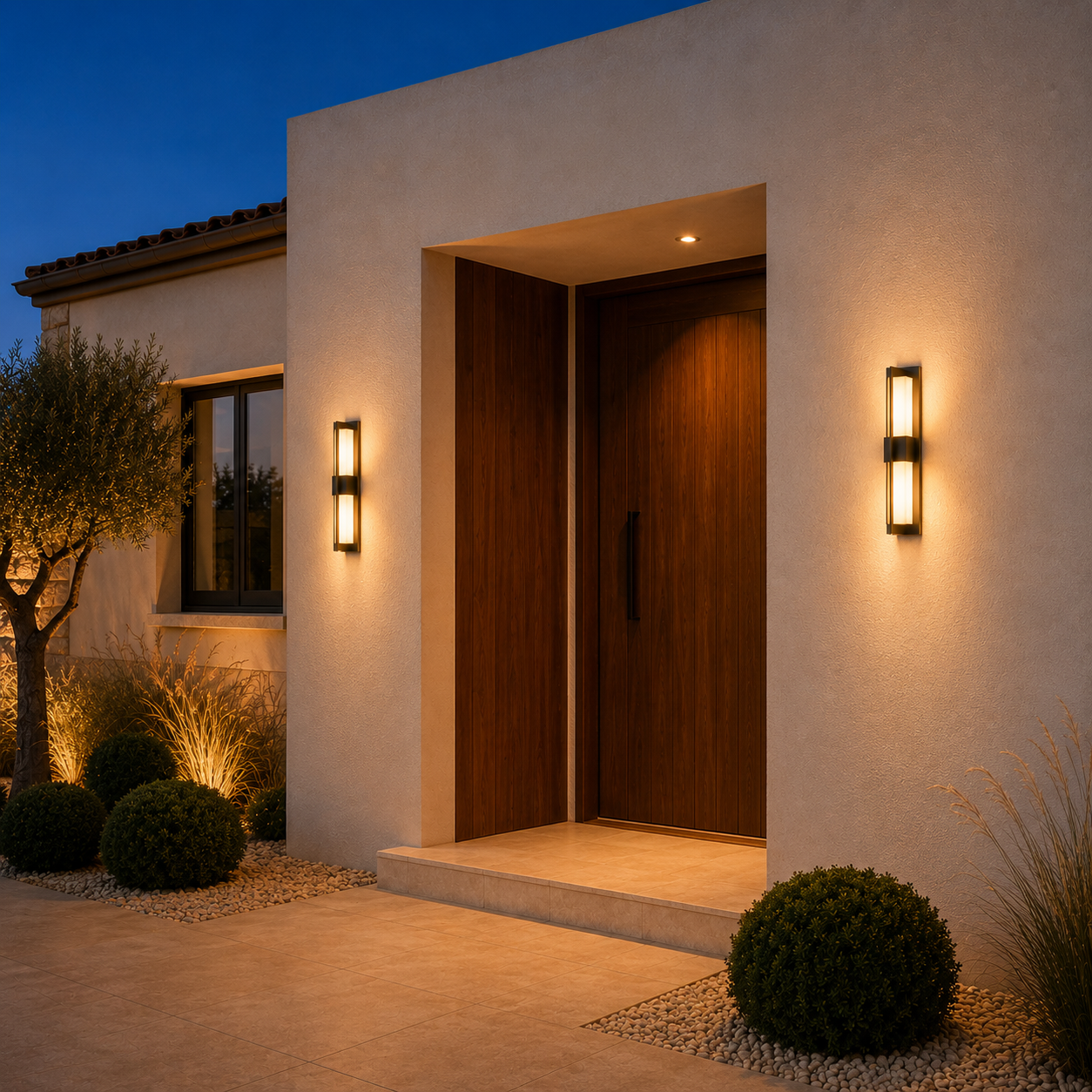 Designer LED outdoor wall light casting a warm glow beside a front door