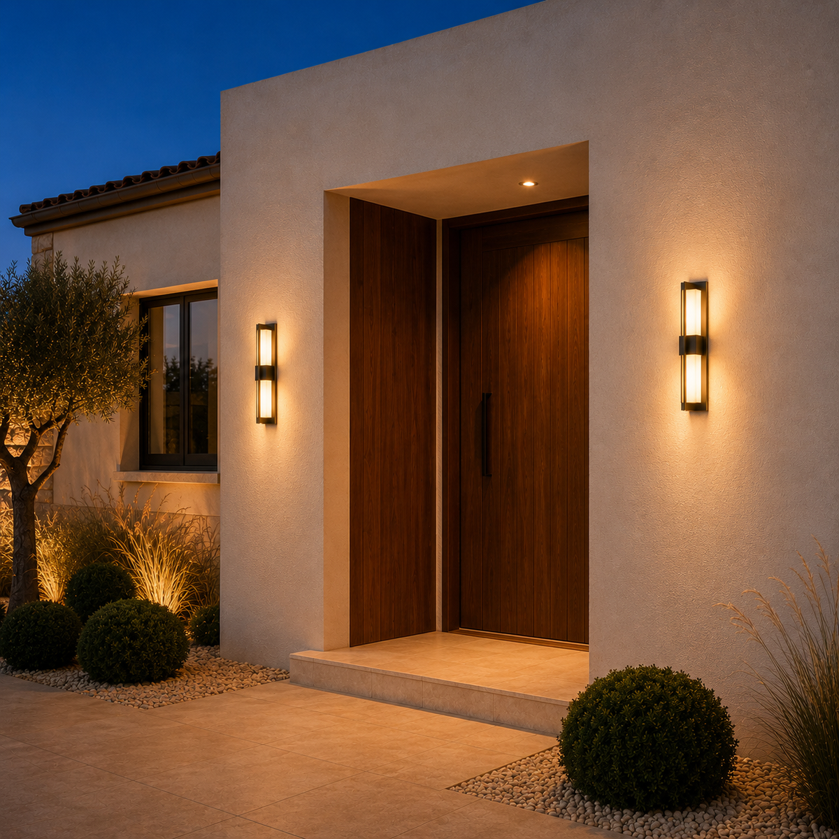Designer LED outdoor wall light casting a warm glow beside a front door