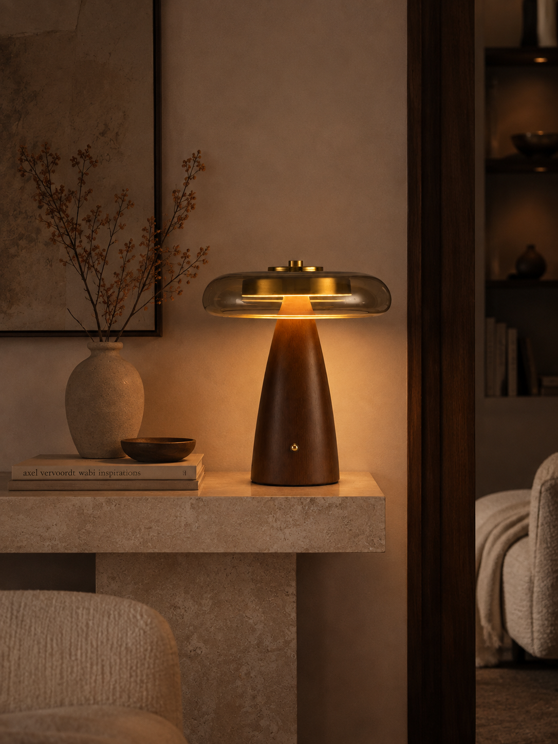 Walnut & Amber Glass LED Table Lamp | Lykke