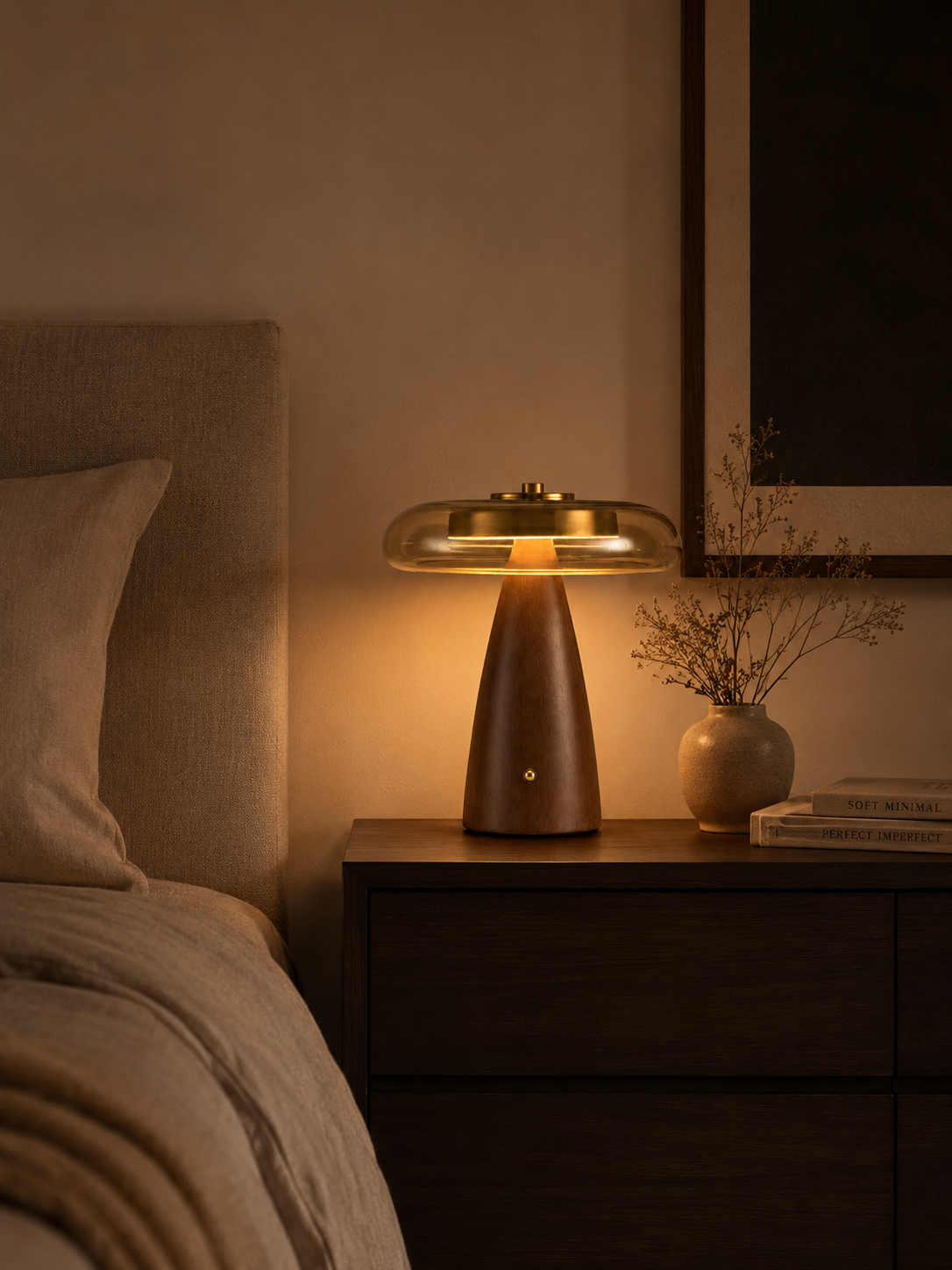Walnut & Amber Glass LED Table Lamp | Lykke