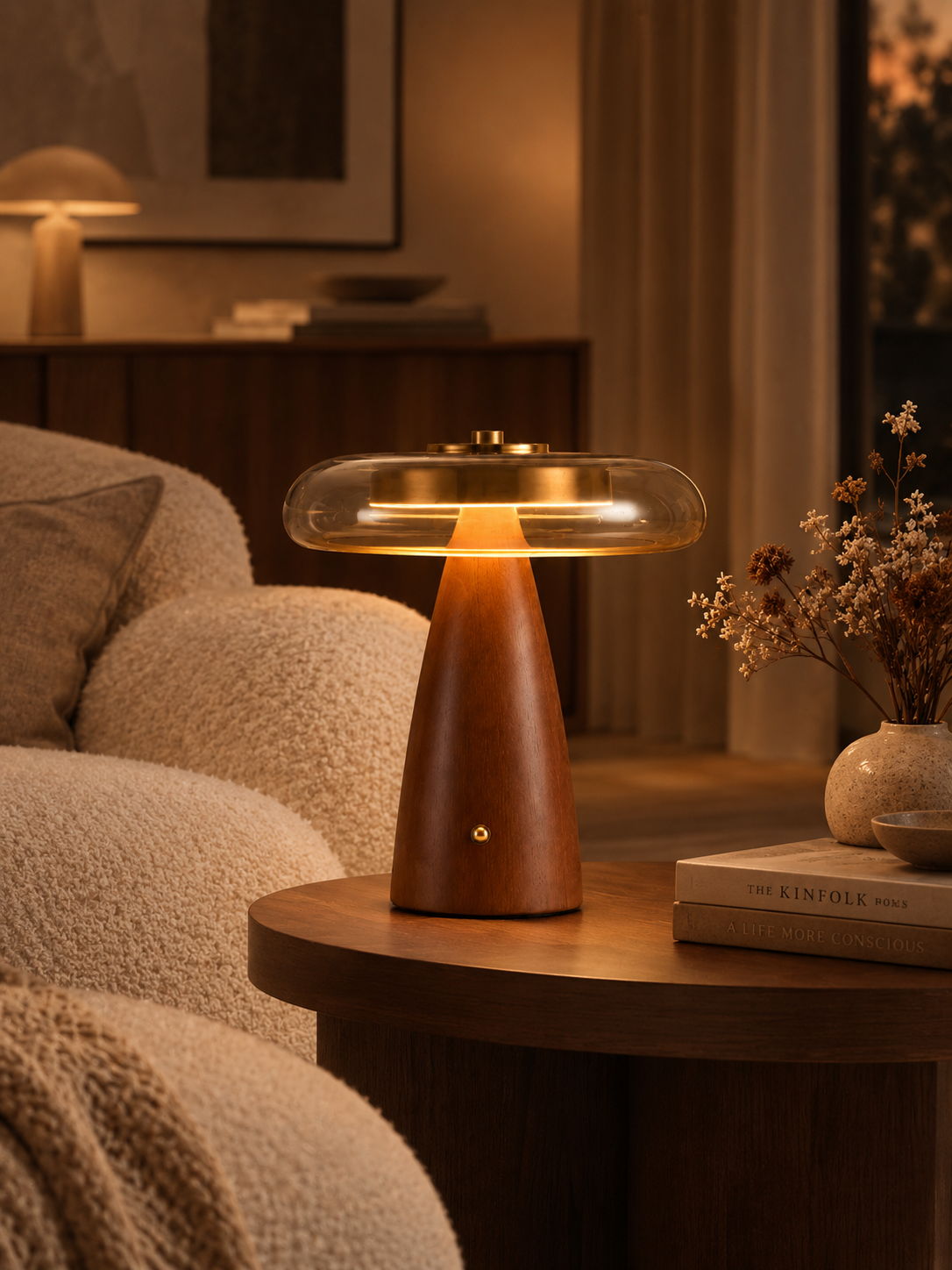 Walnut & Amber Glass LED Table Lamp | Lykke