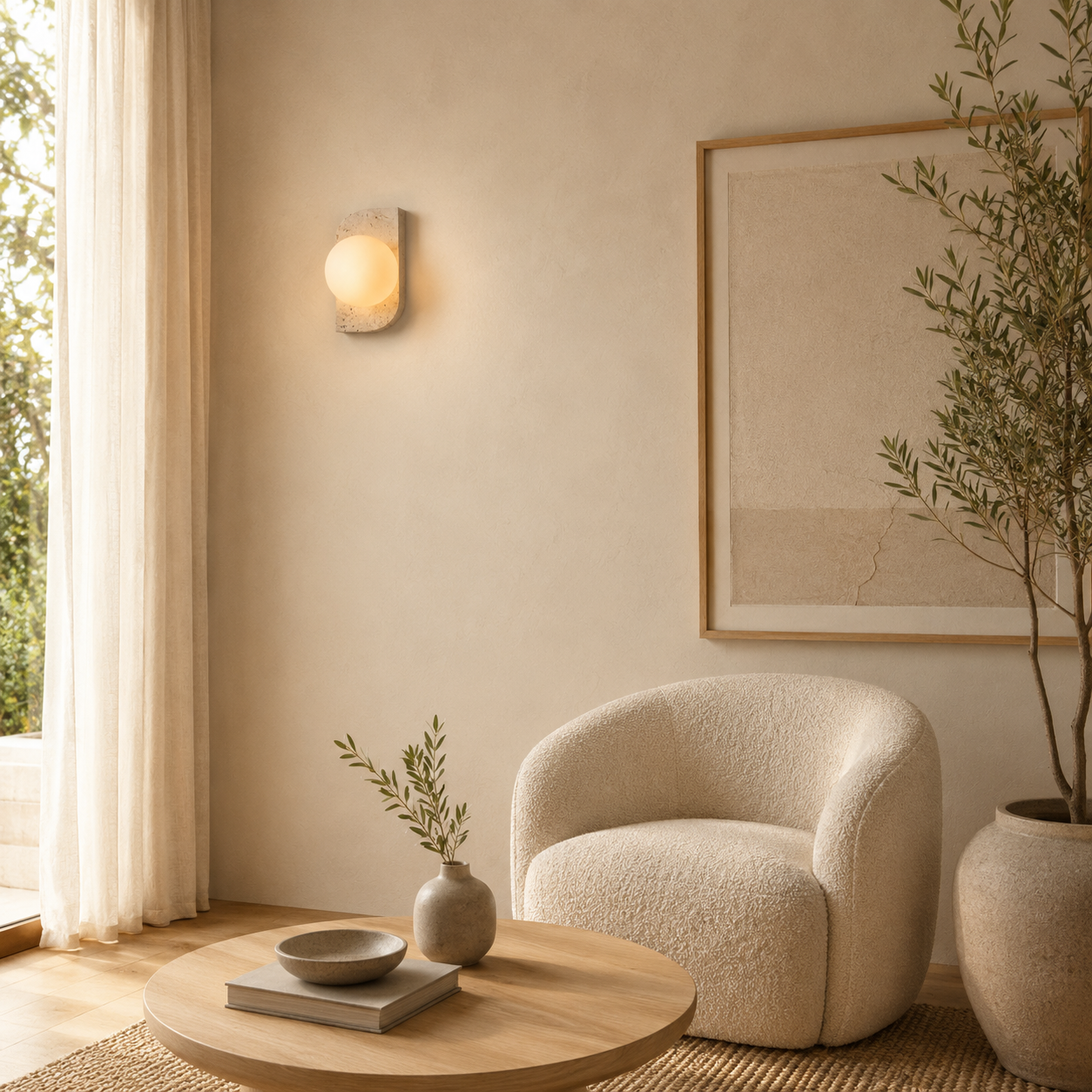 Travertine & Opal Glass Wall Light | Memi