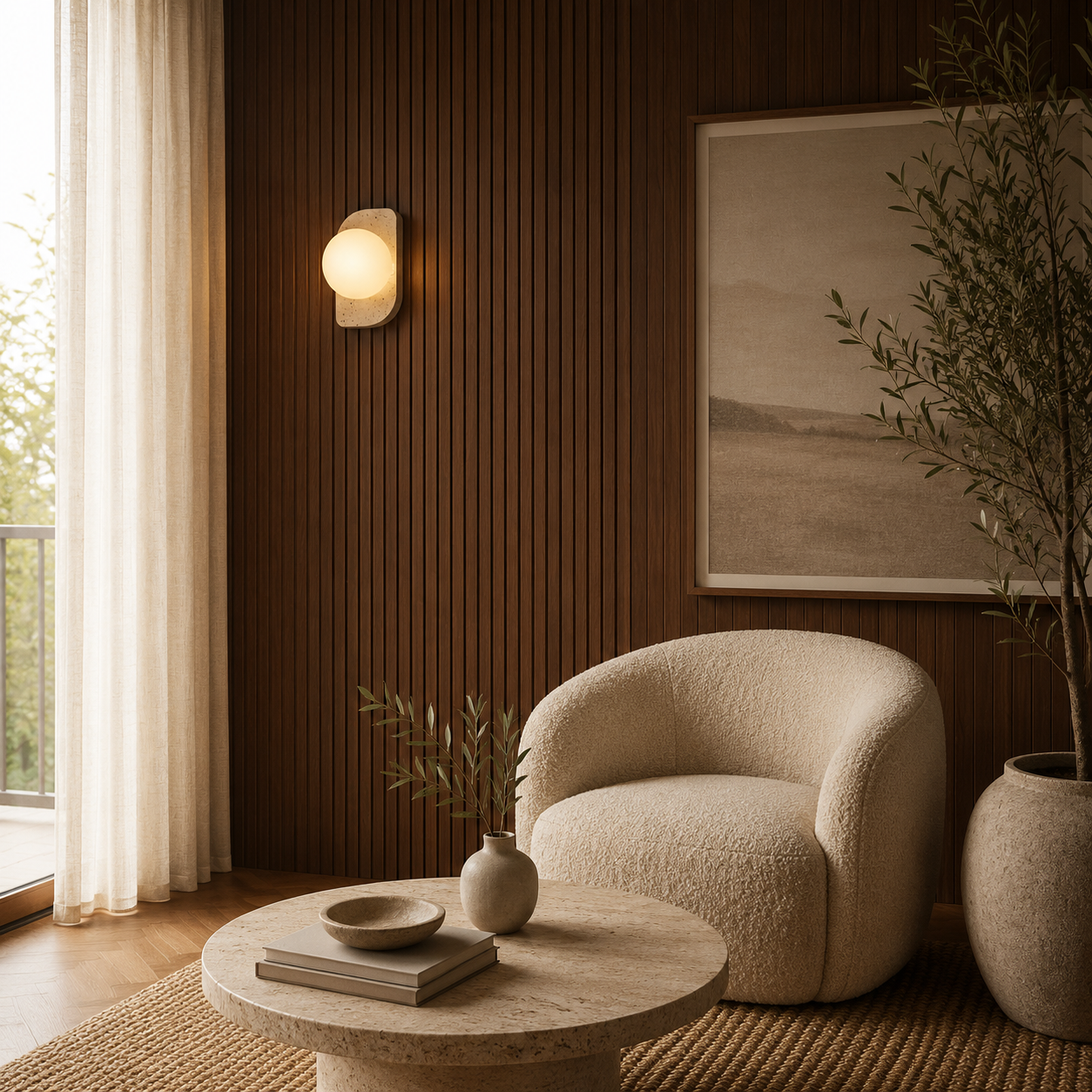 Travertine & Opal Glass Wall Light | Memi