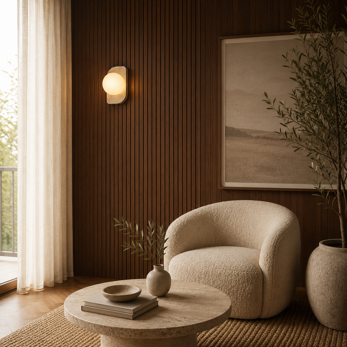 Travertine & Opal Glass Wall Light | Memi