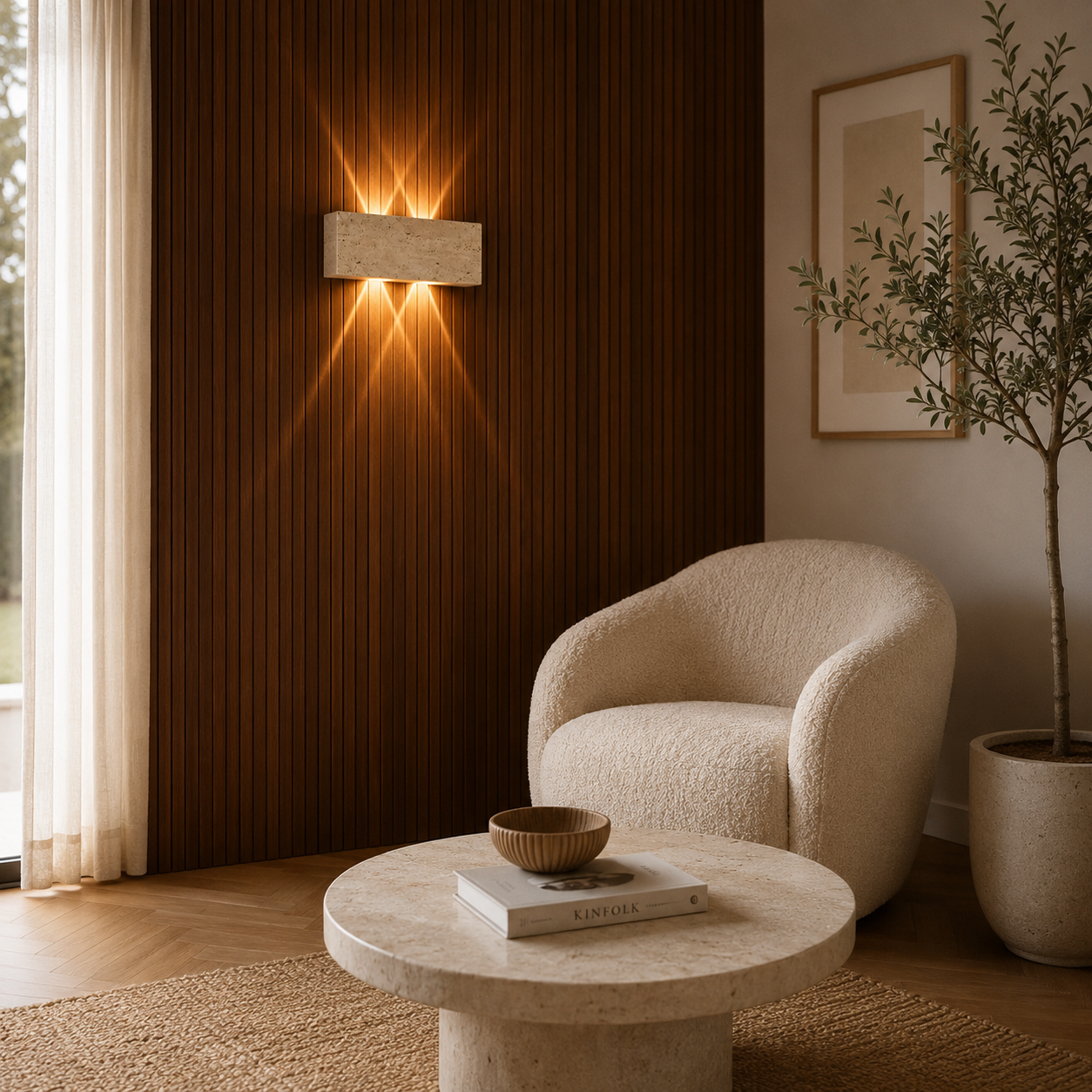 Travertine LED wall light casting a warm ambient glow in a modern living room