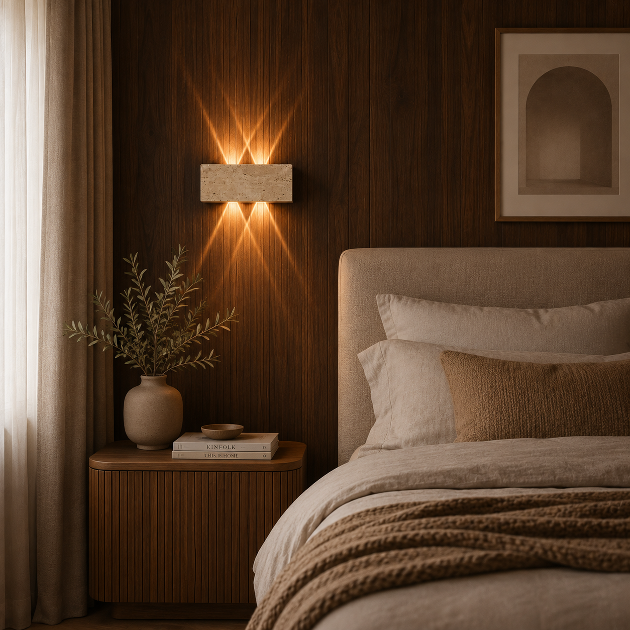 Stein LED wall light styled as soft bedroom lighting