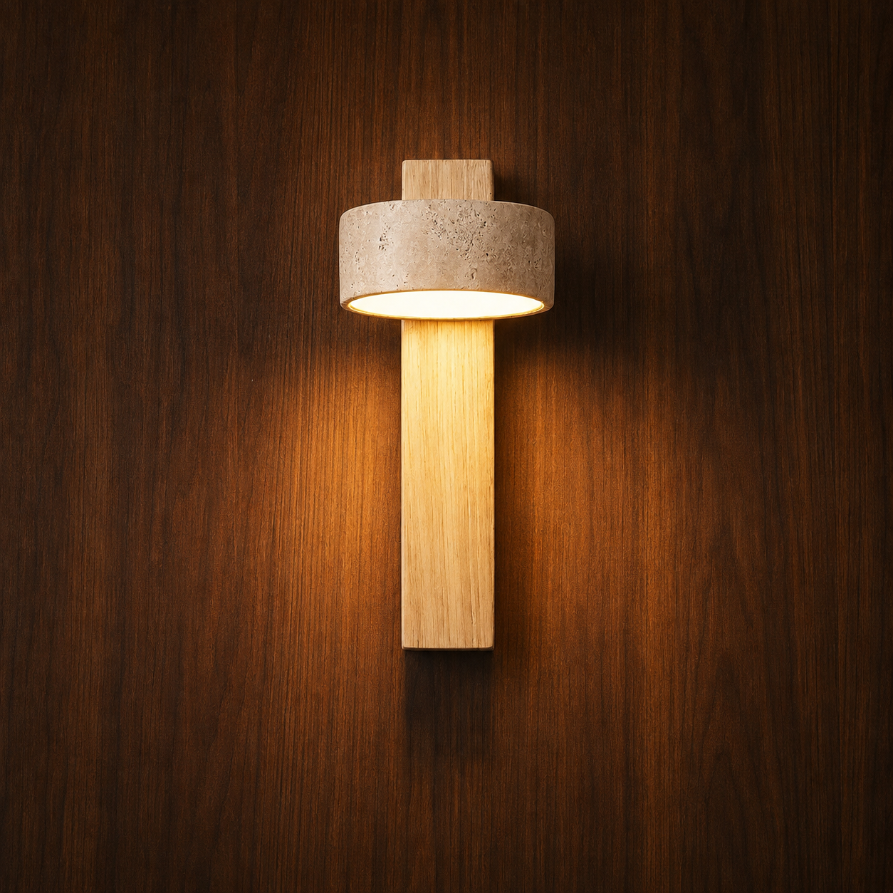 Close-up of natural wood and travertine detail on the Solberg wall light