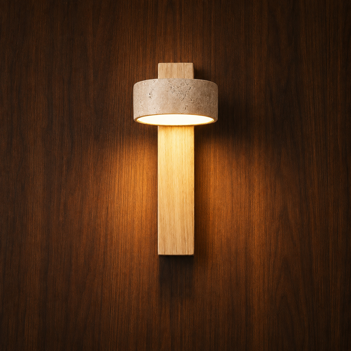 Close-up of natural wood and travertine detail on the Solberg wall light