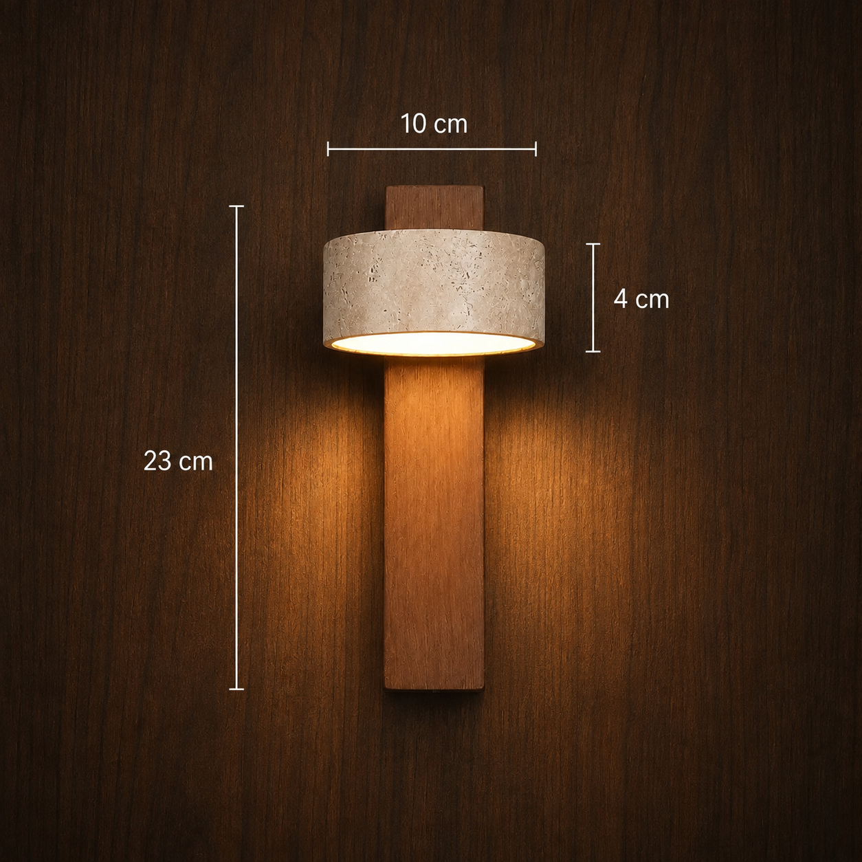 Wood and travertine wall light dimensions shown against a dark wood wall