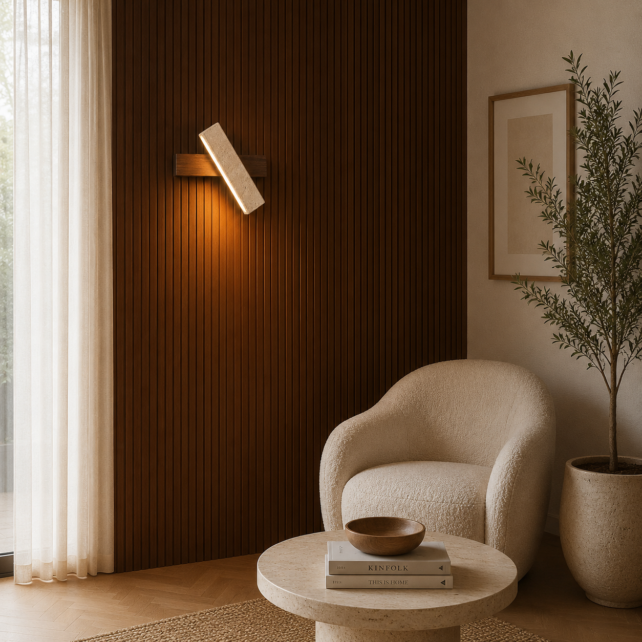 Travertine and wood wall light casting a warm glow in a bright Nordic interior