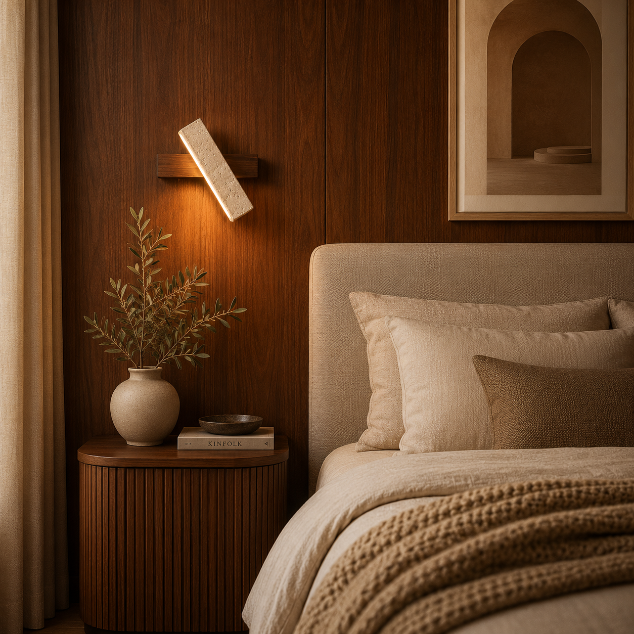 Bjørk wall light styled as soft bedroom lighting