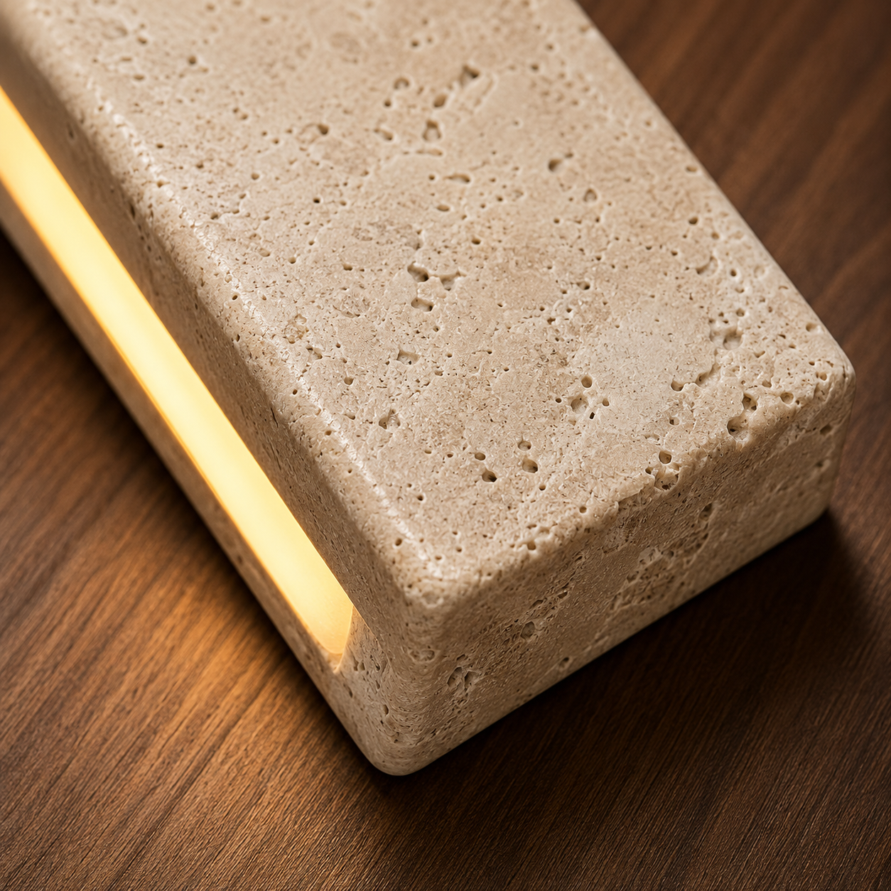 Close-up of travertine and pale wood detail on the Bjørk wall light