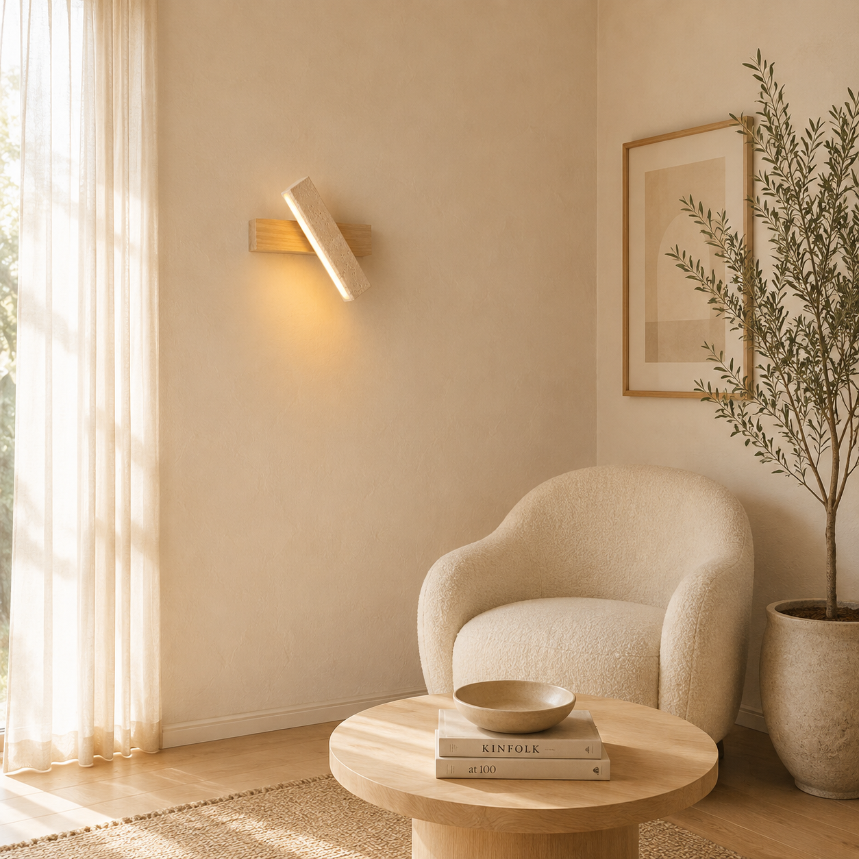 Travertine and wood wall light shown lit against a wood wall