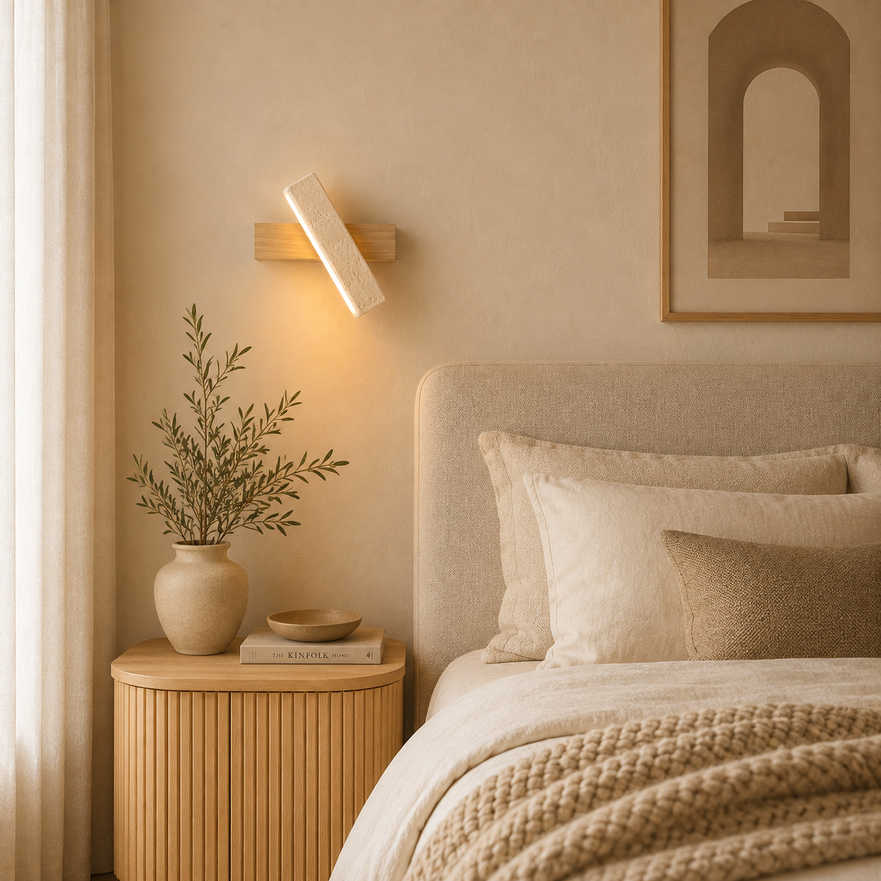 Scandinavian wall light dimensions shown against a wood wall