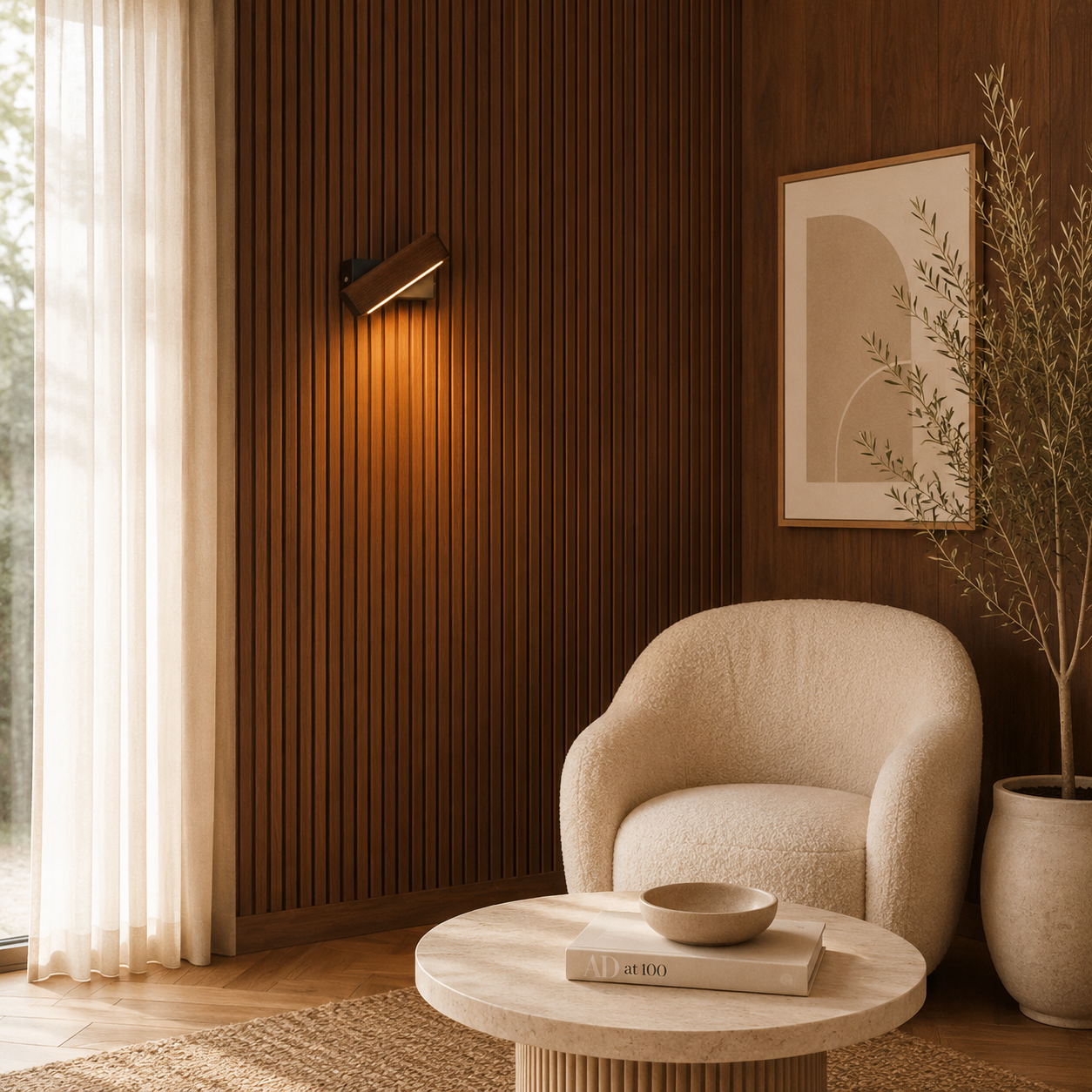Alm walnut LED wall light styled as soft bedroom lighting