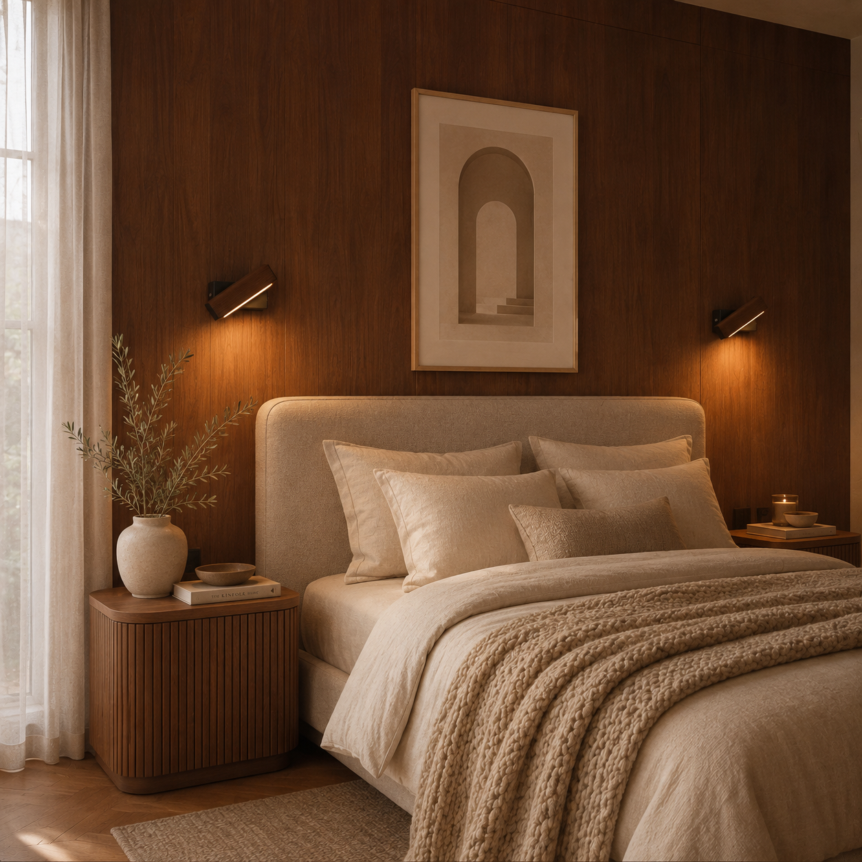 Walnut wood LED wall light casting a warm glow in a modern living room