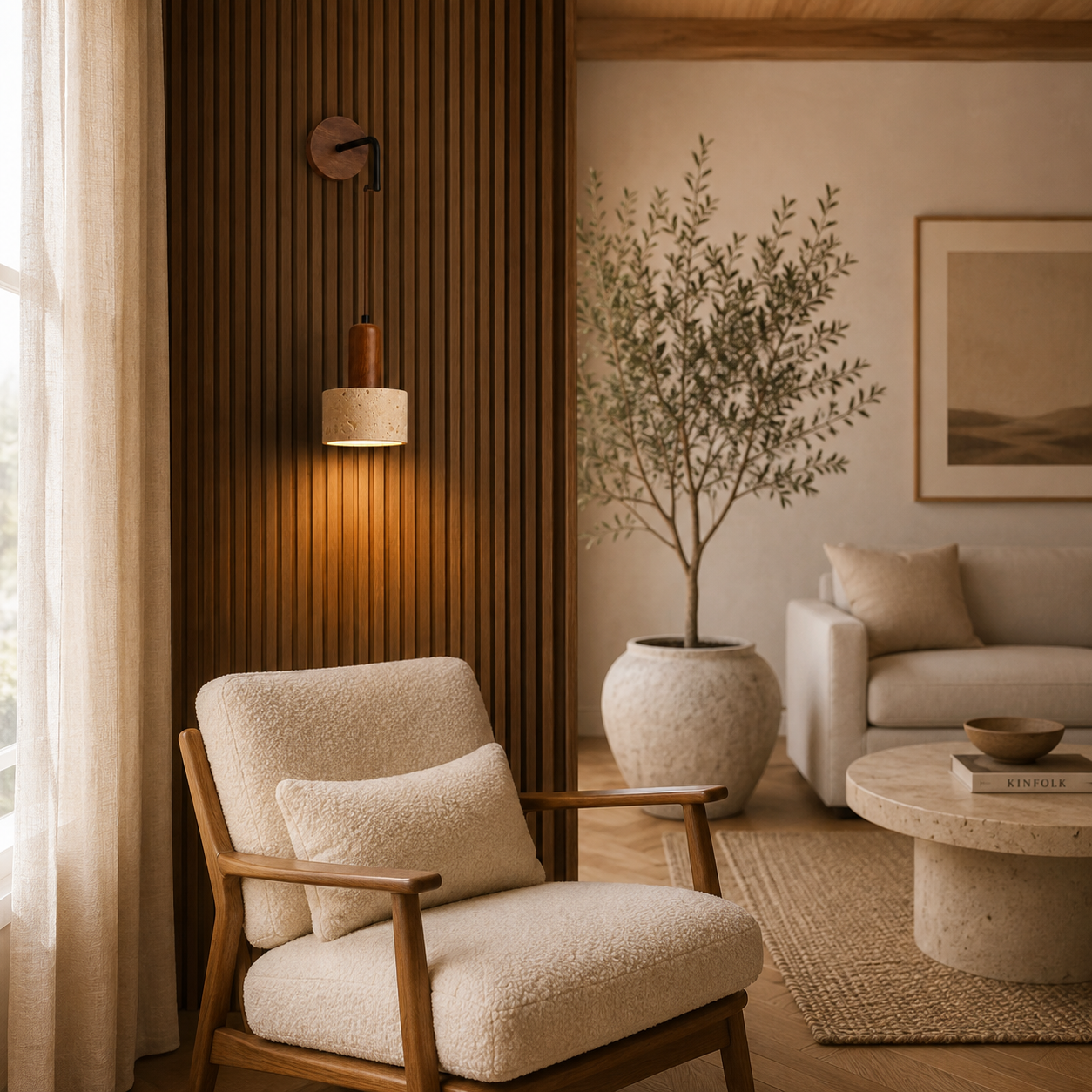Scandinavian travertine and wood wall light casting a warm ambient glow in a modern room