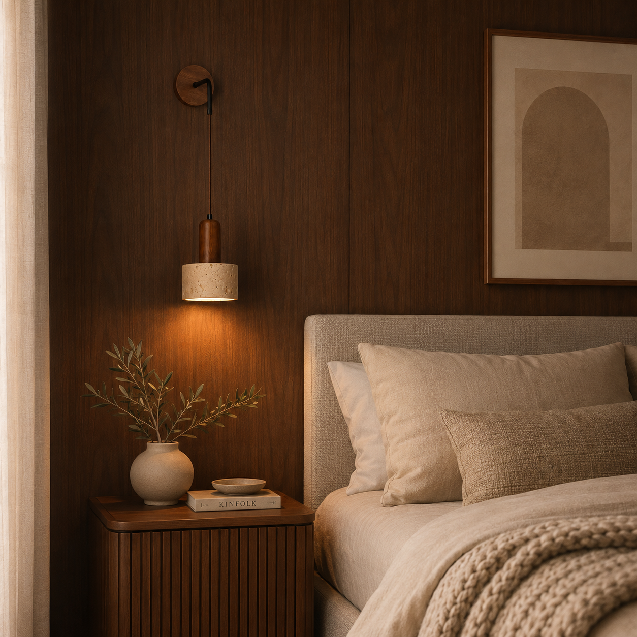 Close-up of travertine and wood detail on the Kovak wall light