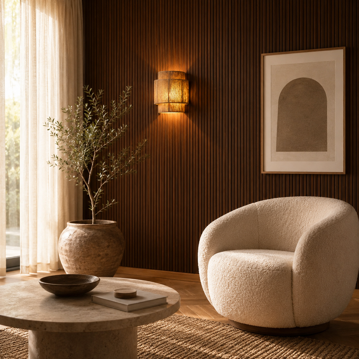 Rattan and hemp wall lights casting a warm dappled glow above a bed