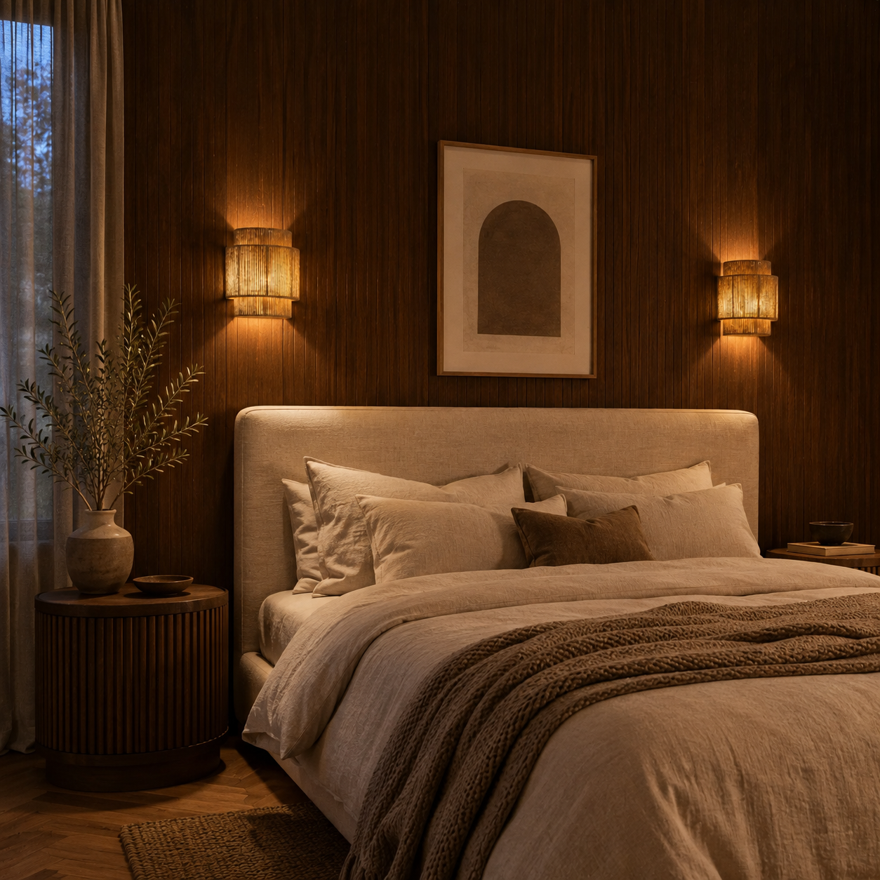 Close-up of the hand-woven rattan and hemp texture on the Balva wall light