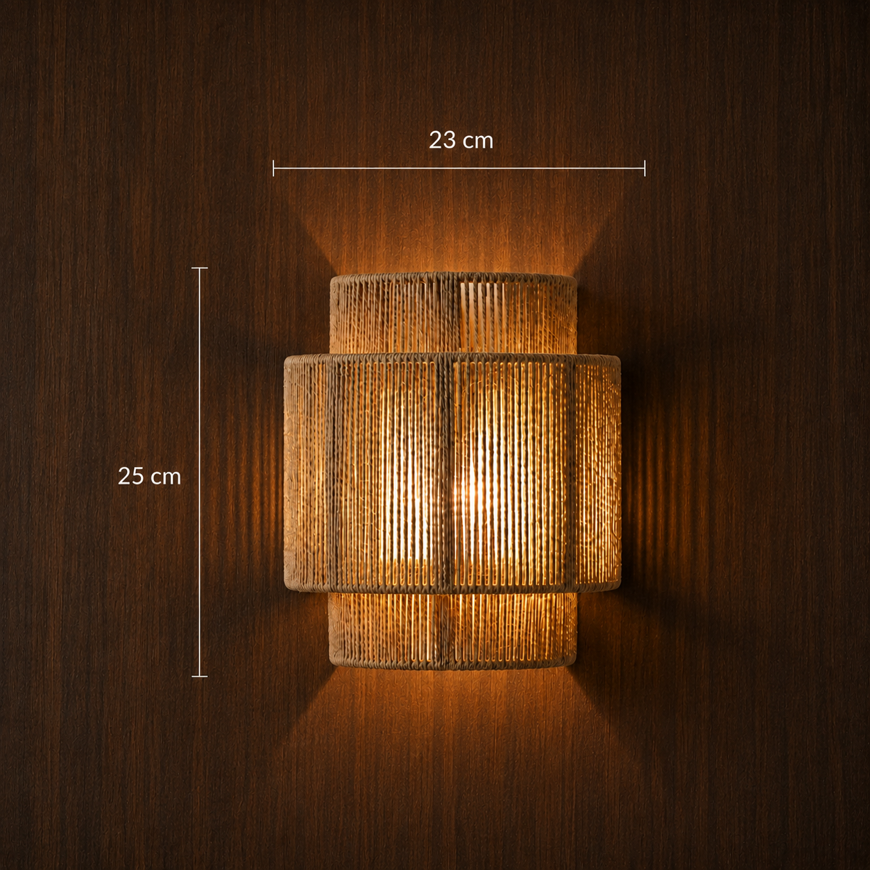 Balva woven wall light dimensions shown against a wood wall