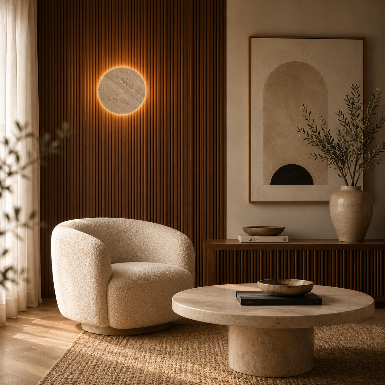 Natural travertine wall light casting a warm ambient glow in a modern living room