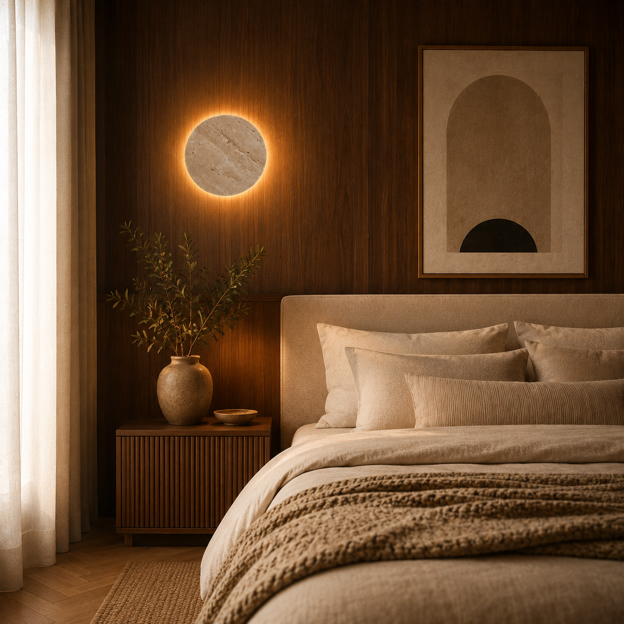 Månen LED wall light styled beside a bed as soft bedroom lighting