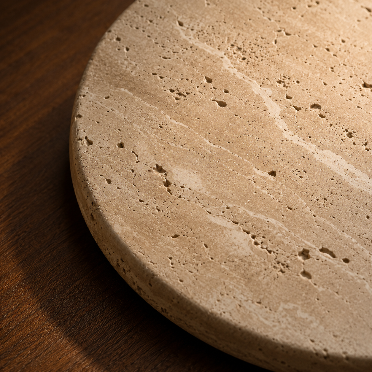 Close-up of the natural travertine stone texture on the Månen wall light