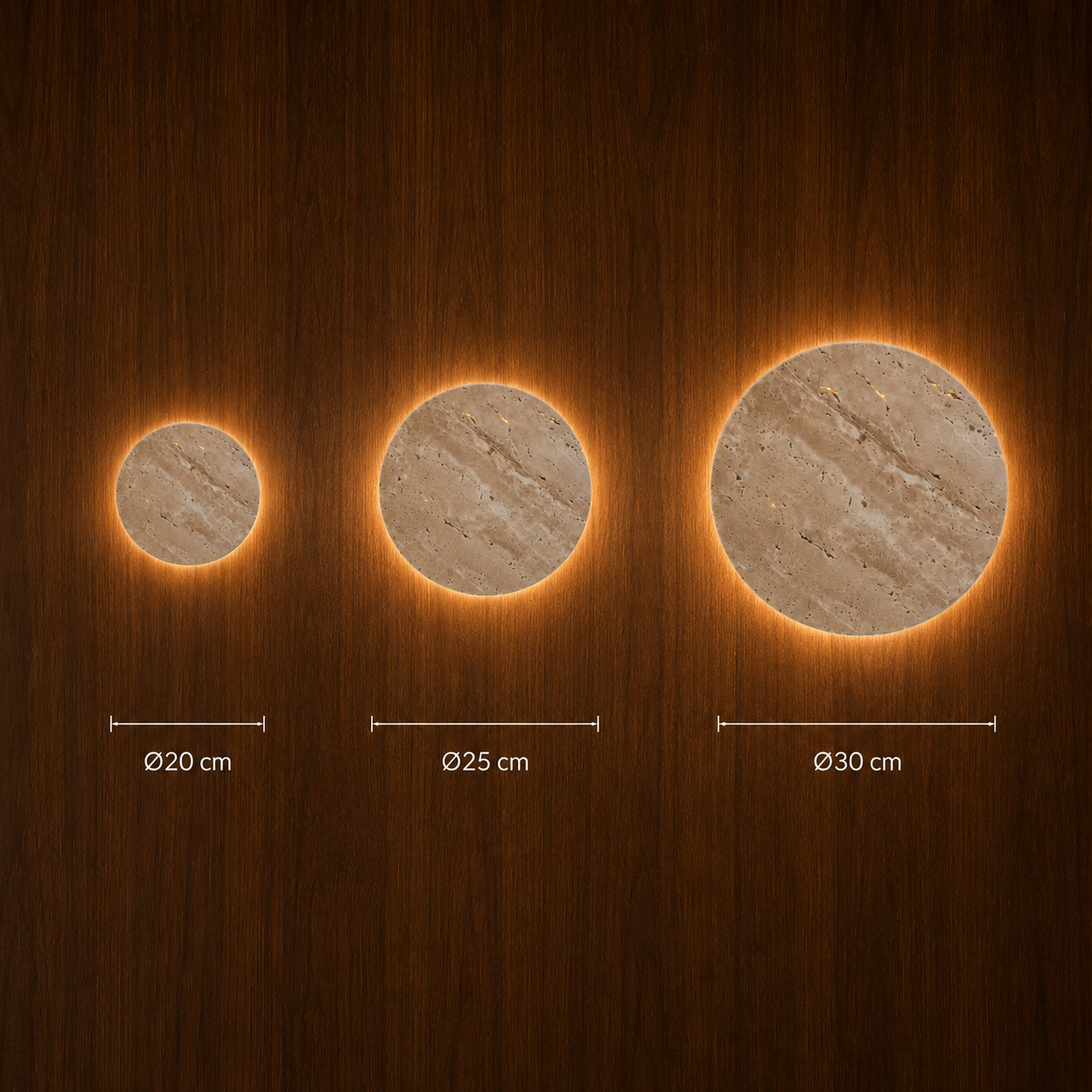 Travertine wall light dimensions shown against a dark wood wall
