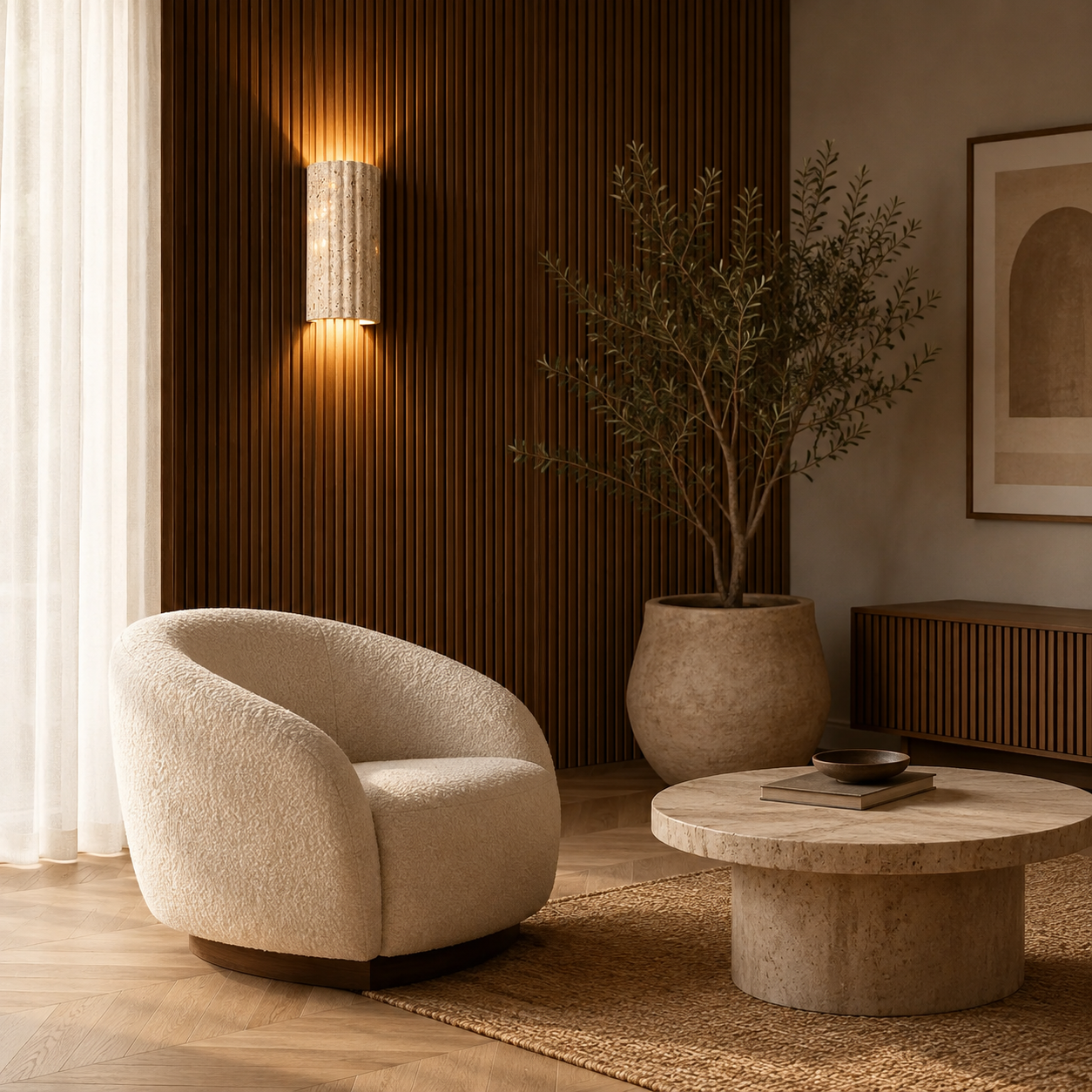 Scandinavian travertine wall light casting a warm ambient glow in a modern interior