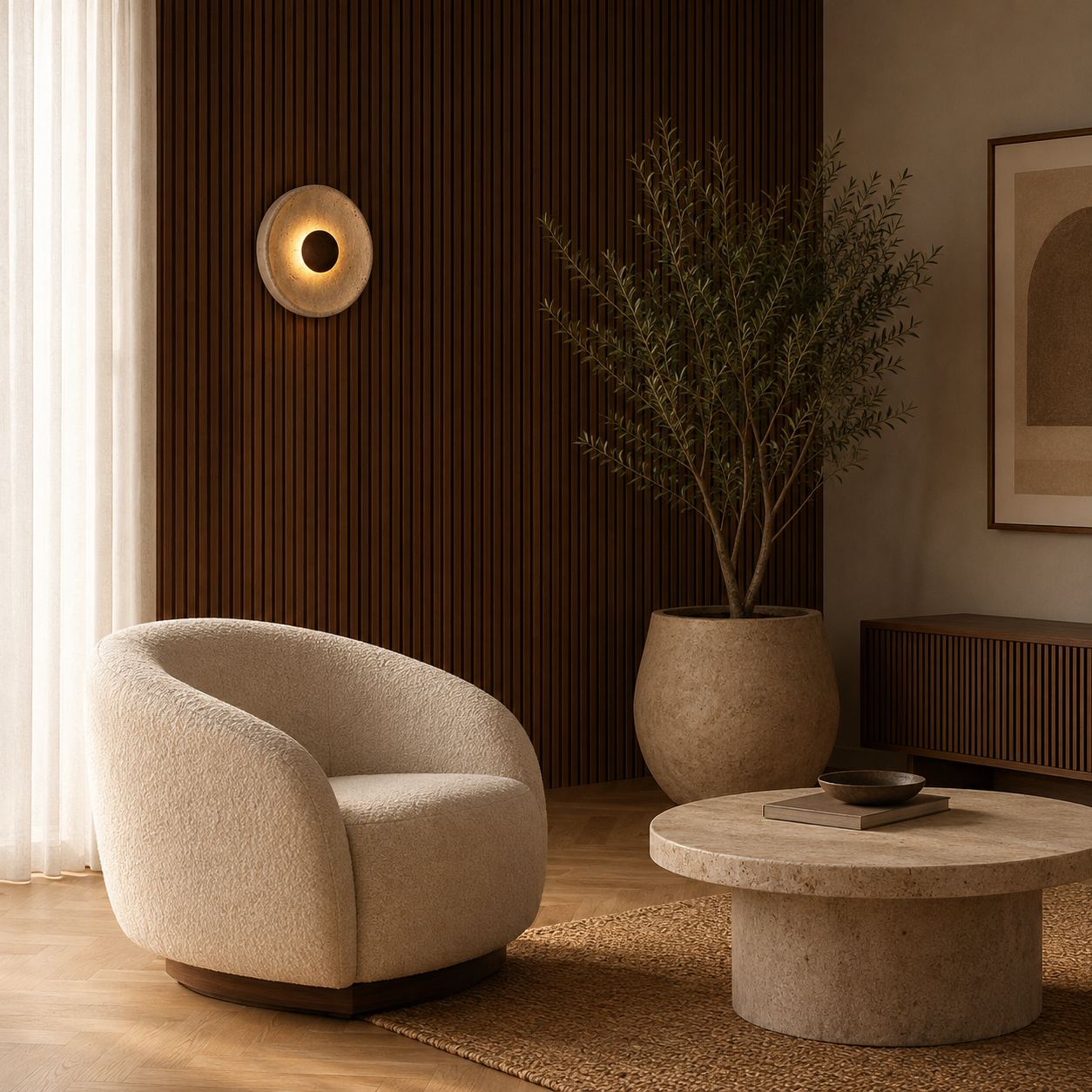 Disc-shaped travertine and wood wall light casting a warm LED glow in a modern living room