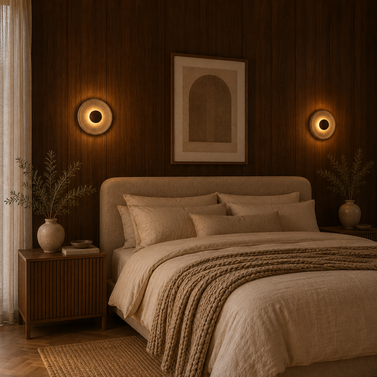 Close-up of travertine and wood detail on the Sköld designer wall light