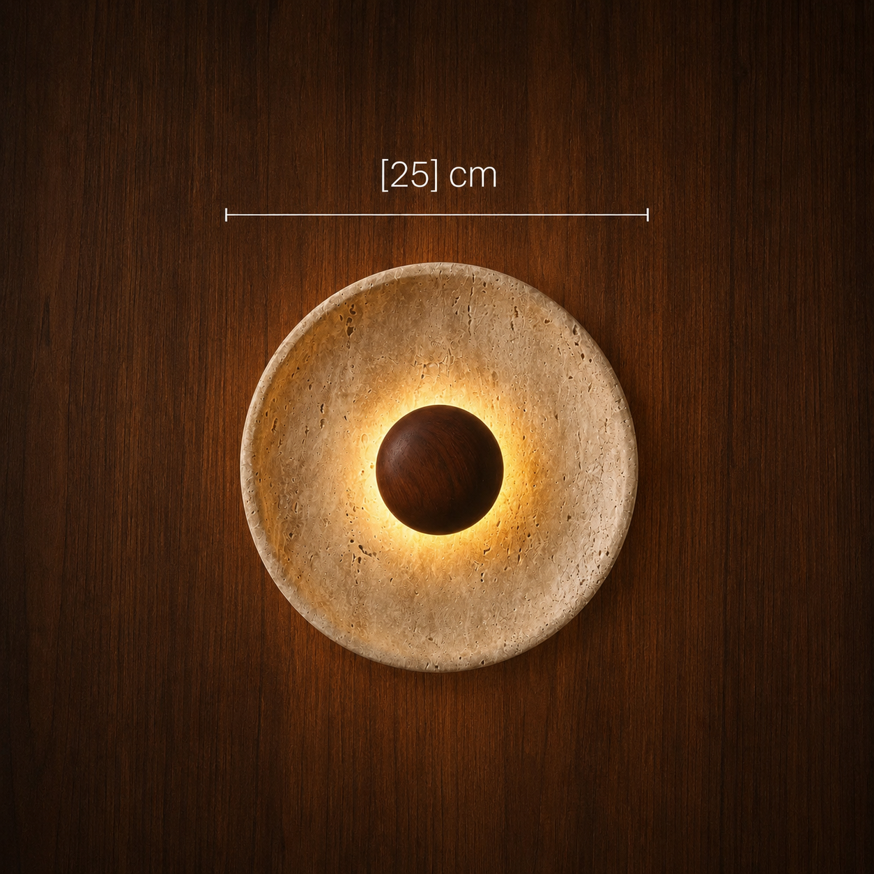 Designer disc wall light dimensions shown against a dark wood wall