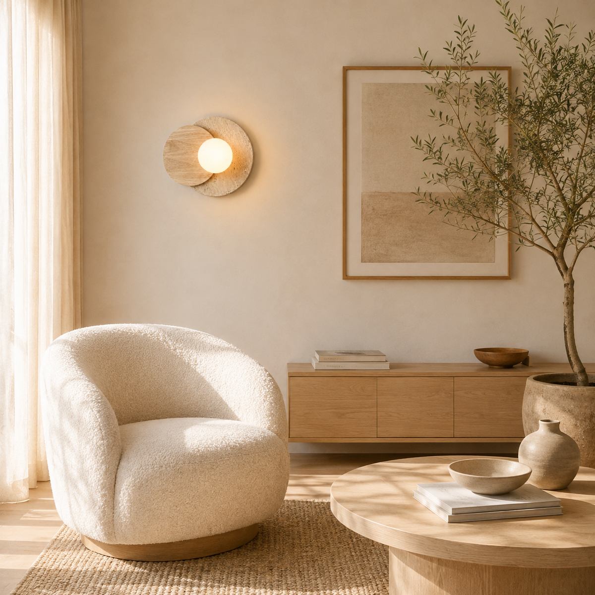 Runa wall light shown lit against a dark wood wall
