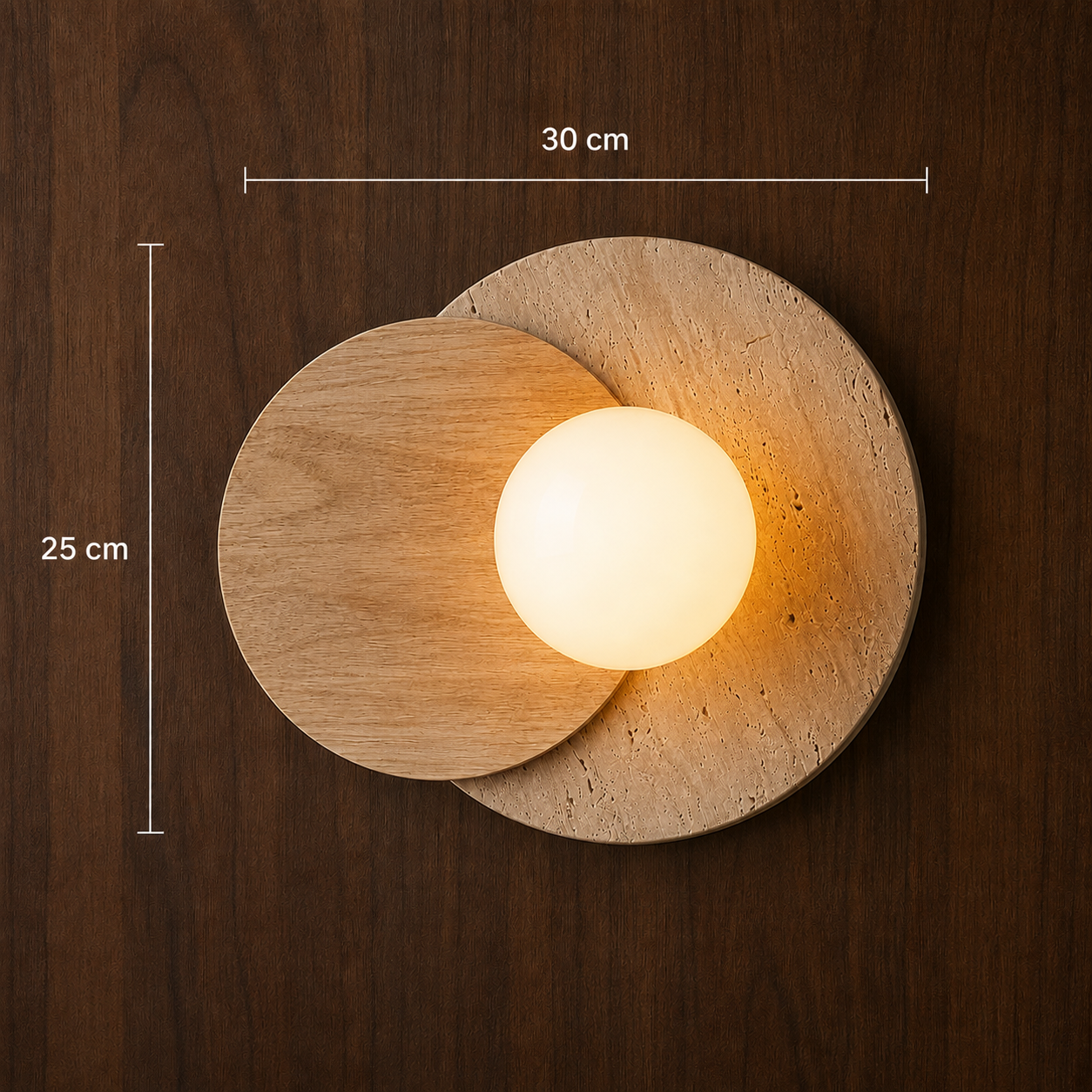 Scandinavian wall light dimensions shown against a wood wall