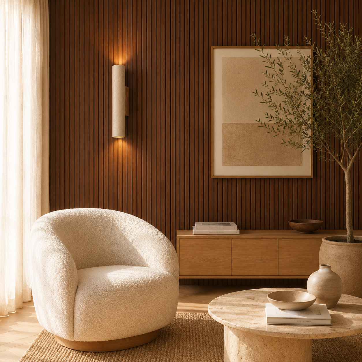Minimalist travertine and wood wall light casting a warm glow in a modern living room