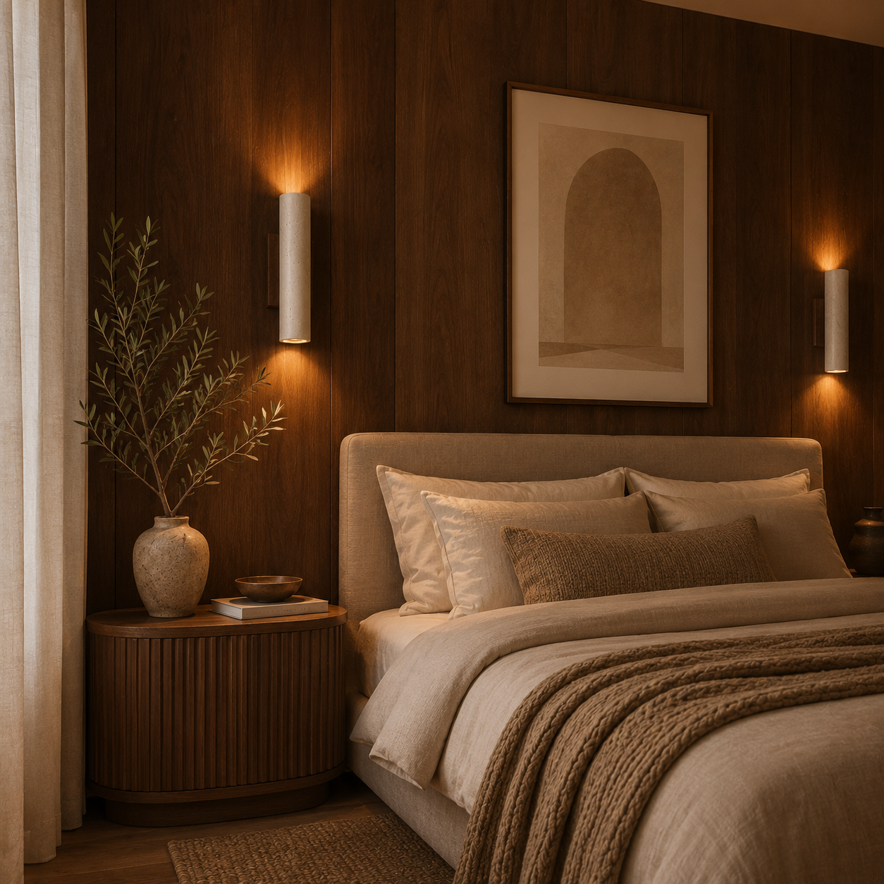 Néva minimalist wall light styled as soft bedroom lighting