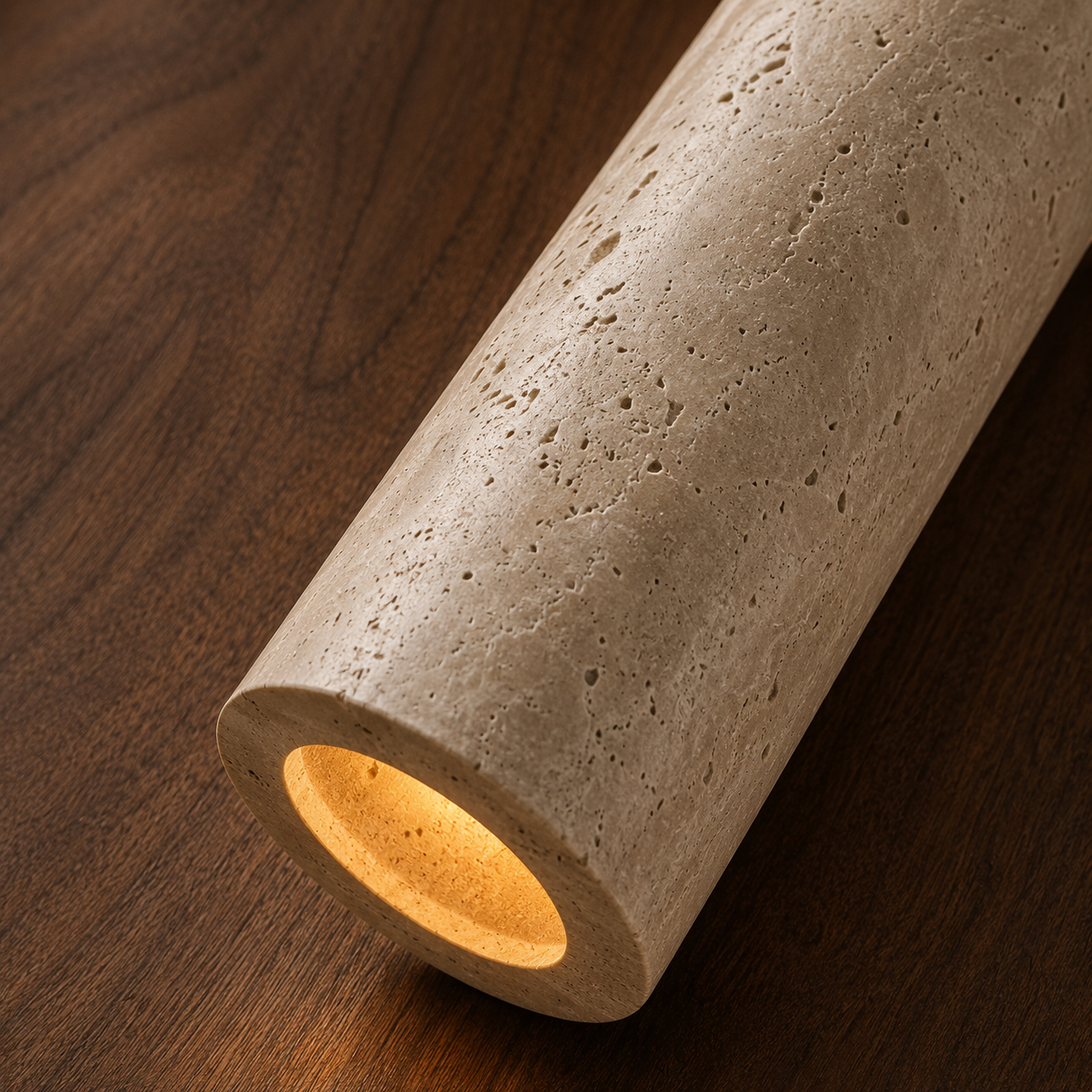 Close-up of natural travertine and wood detail on the Néva wall light