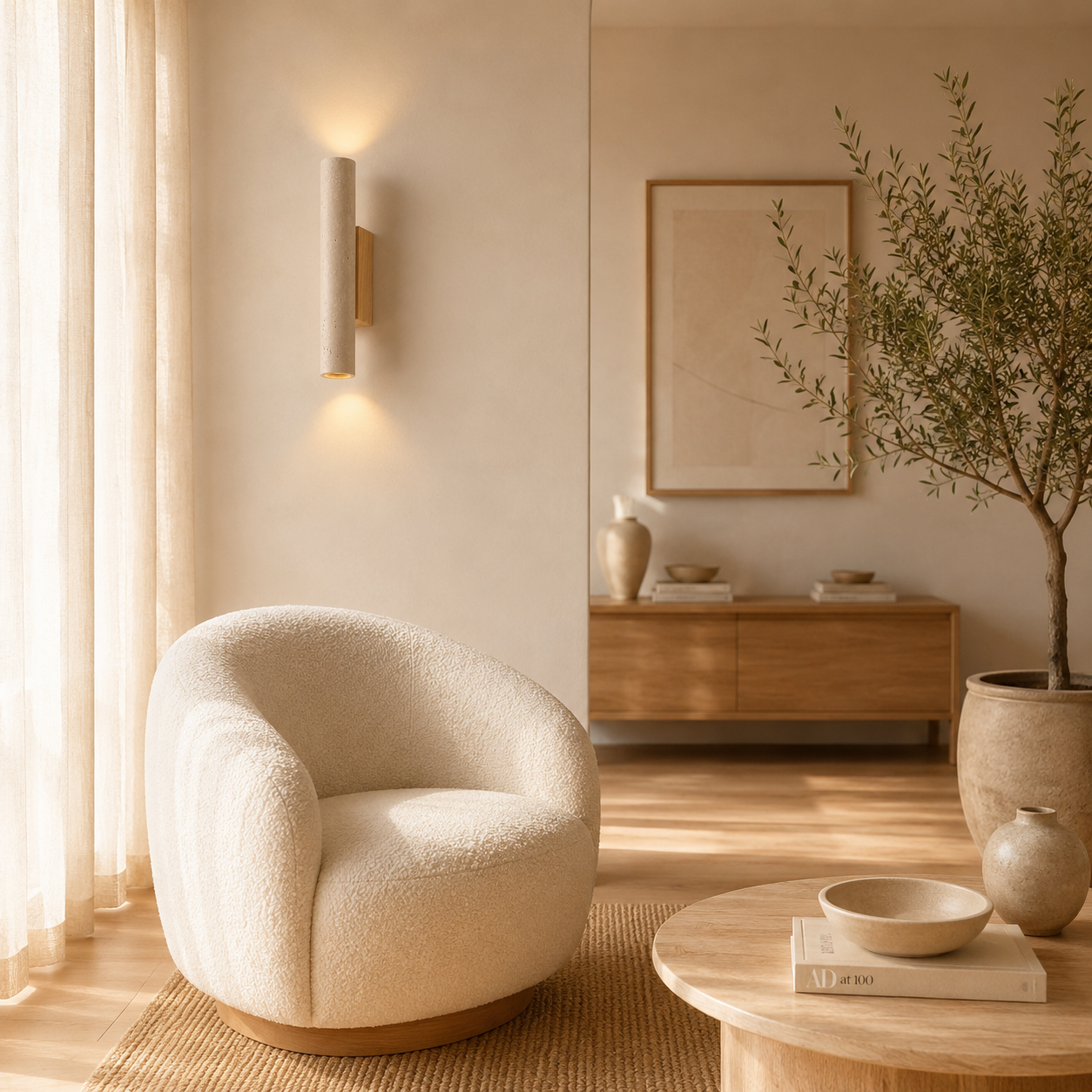 Minimalist wall light dimensions shown against a dark wood wall