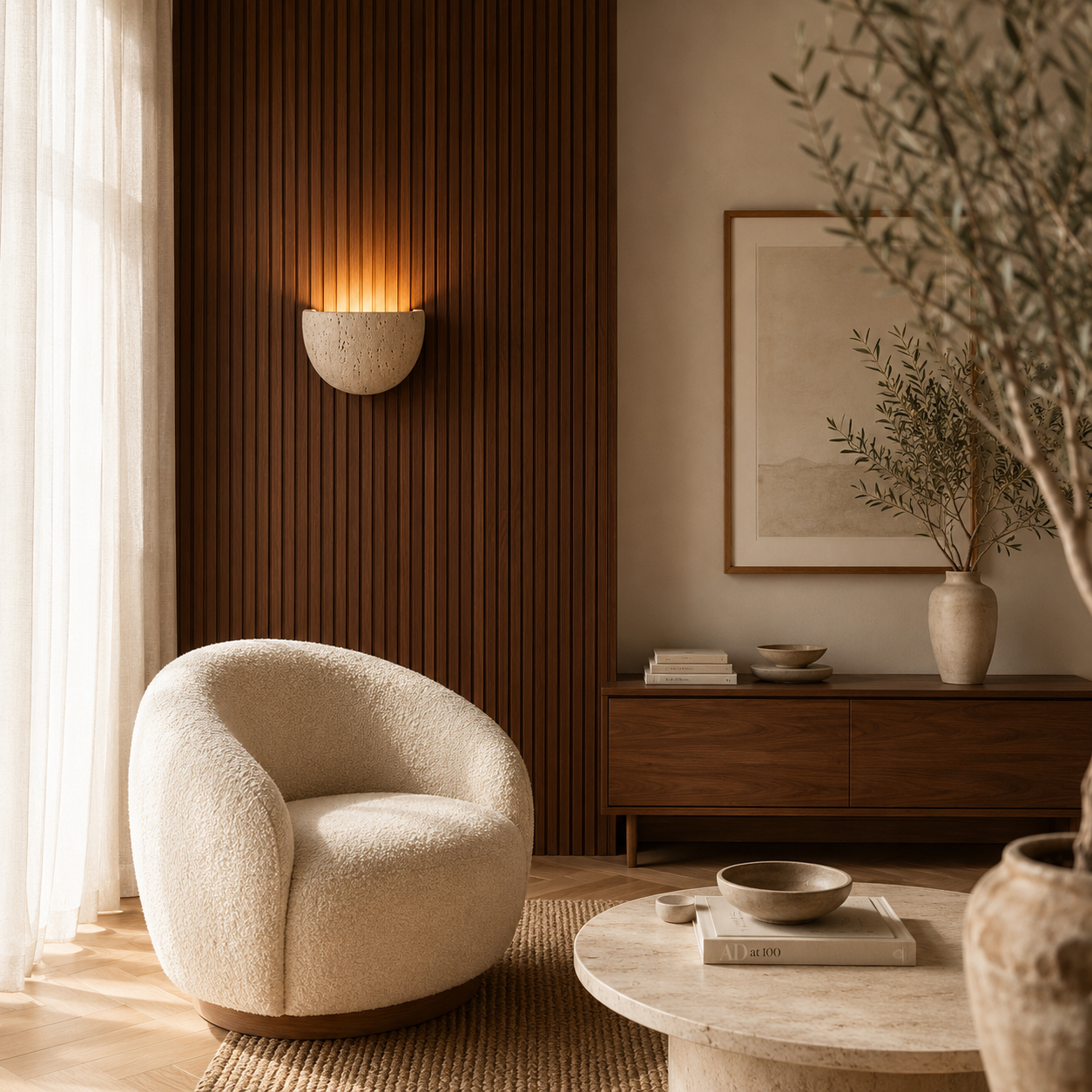 Half-moon travertine wall light casting a warm ambient uplight in a modern room