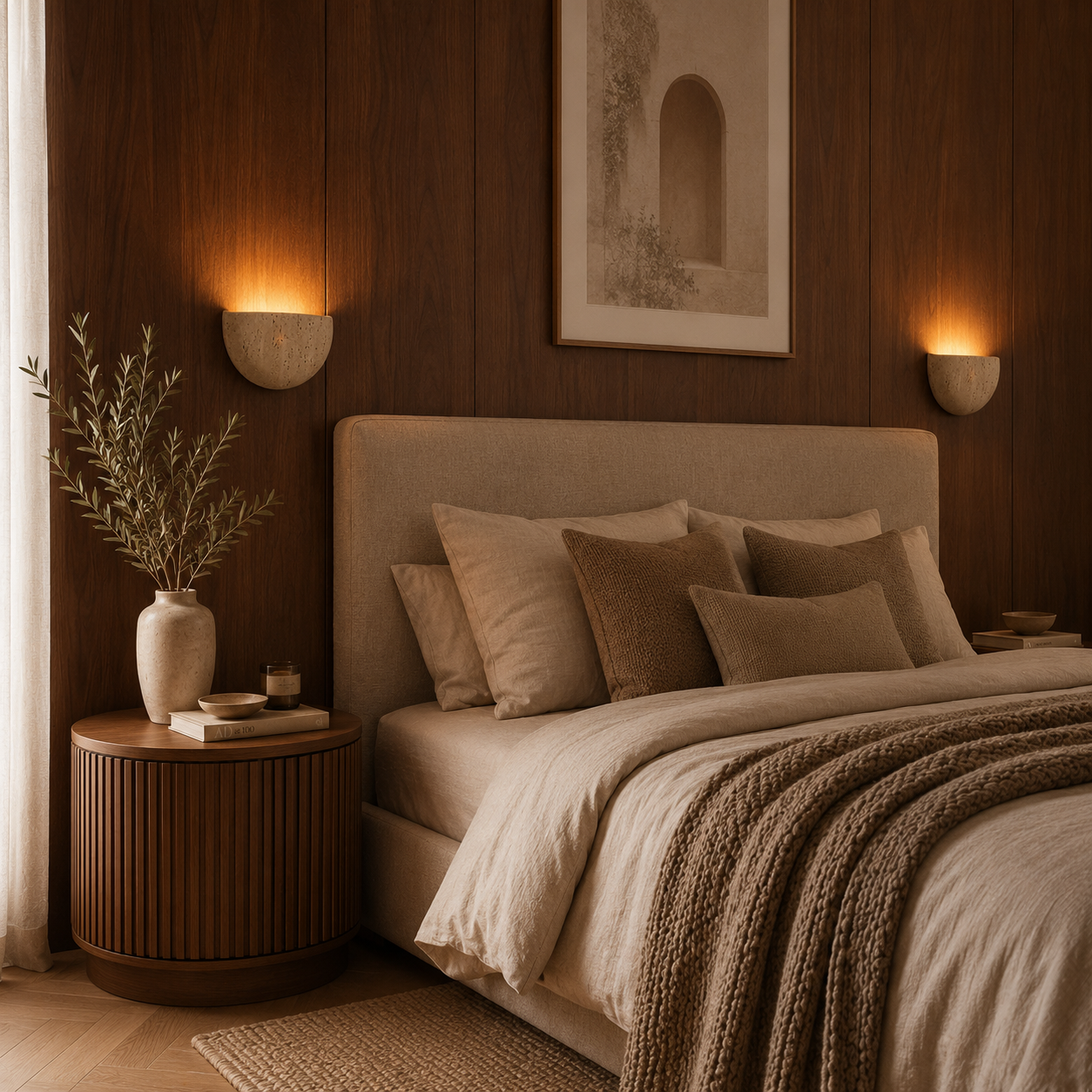 Close-up of natural travertine stone texture on the Vidde half-moon wall light