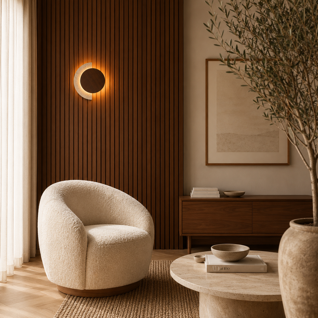 Travertine and wood LED wall light casting a warm glow in a modern living room
