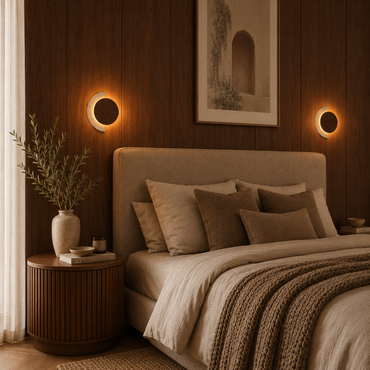Orane designer LED wall light styled as soft bedroom lighting