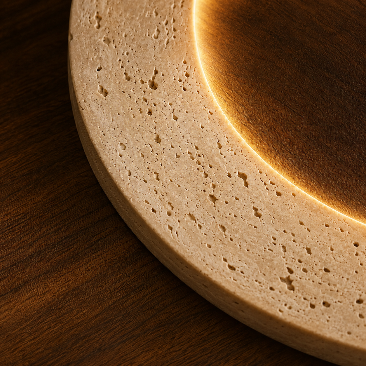 Close-up of travertine and wood detail on the Orane wall light