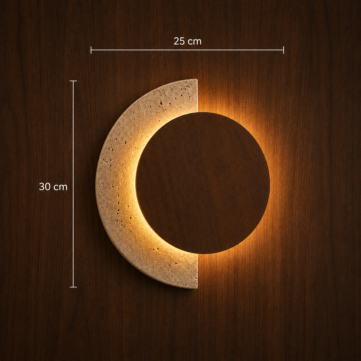 Designer travertine and wood wall light dimensions shown against a wood wall